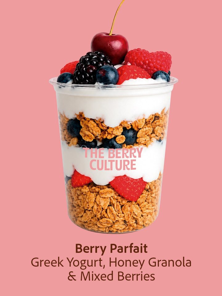 Berry Parfait: Greek yogurt, honey granola and mixed berries